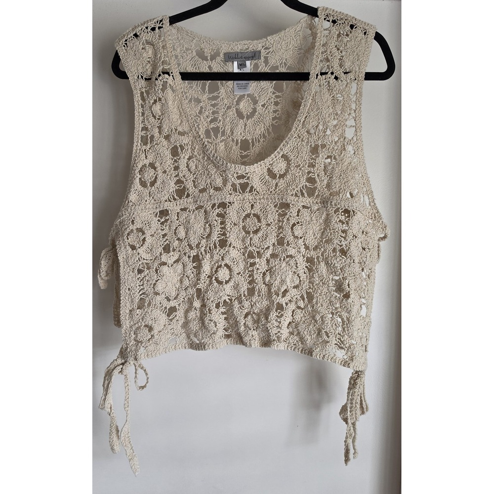 Wishlist Apparel Lace Crop Top M/L Beige Floral Sleeveless Boho Side-Tie